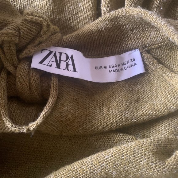 Zara Olive Knit Sweater w/ Tie Back and Side Slits, Back Vent & Puff Sleeves - Picture 5 of 5